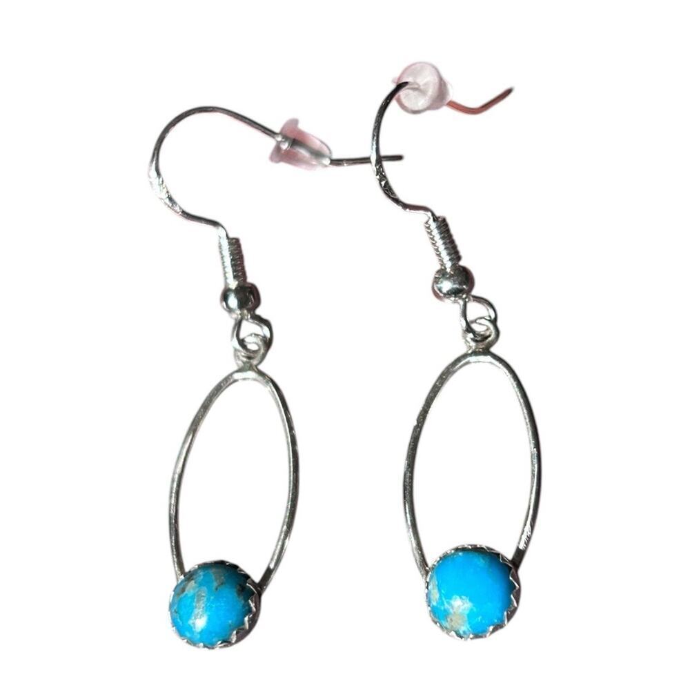 Sterling Silver & Kingman Turquoise Dangle Drop Oval Earrings Hand Crafted New